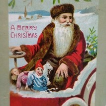 Santa Claus Brown Hat Christmas Postcard Driving Auto Jester Toy Vintage Germany - £41.84 GBP