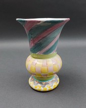 MacKenzie Childs Vintage Cayuga Hand Painted Art Pottery Footed Trumpet Vase 7&quot; - £78.62 GBP