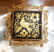 Vintage Bird and Flower Toledo Gold Damascene Pin With Filigree Frame - $19.79