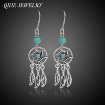 QIHE JEWELRY Ancient Silver Color Blue Beads Dreamcatcher Earrings Dream Catcher - £6.41 GBP