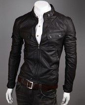 Black Men Leather Biker Jacket With Tab Collar Front Zipper Adjustable Waist - £108.50 GBP