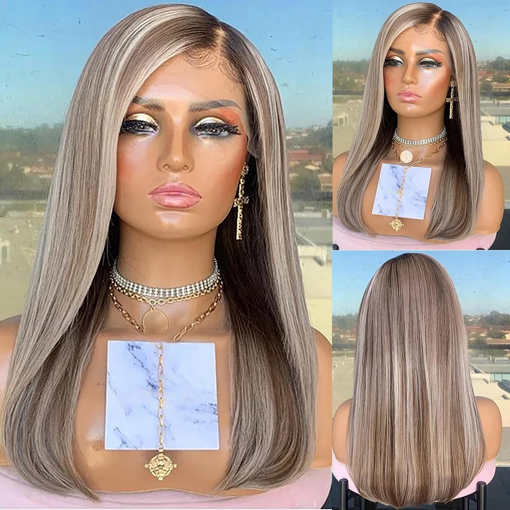 360 ombre Ash Blonde Highlight Lace Frontal Wig Human Hair Brown mixed blonde - £120.29 GBP+