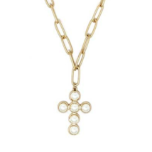 Paper Clip 6mm Chain with Pearl Cross Pendant Necklace Gold - £11.32 GBP