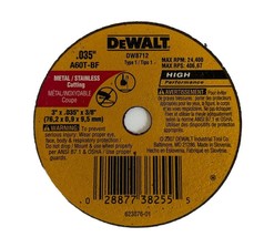 DeWALT Type 1 Metal Stainless A60T-BF Cutting Wheel 3&quot; x .035&quot; x 3/8&quot; DW... - £4.05 GBP