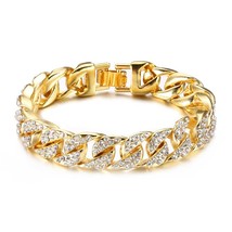 AGLOVER 14mm Hip Hop Miami Curb Cuban Bracelet Golden Iced Out Rhinestones Rappe - £11.34 GBP