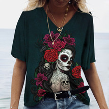 Dia de los muertos skull gothic steampunk Women&#39;s T Shirt Tops V Neck Ca... - £7.98 GBP