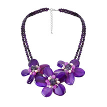 Pearl Center Triple Purple Agate Flower .925 Silver Necklace - £31.01 GBP