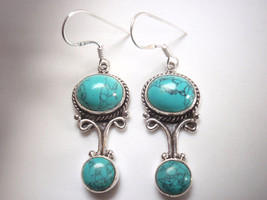 Simulated Turquoise Double-Gem 925 Sterling Silver Dangle Earrings Large - $11.69
