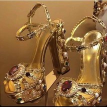  Gold Metallic Leather Chunky Heel Sandals Muti Jewel Studde Heels Shoes High Pl - £165.64 GBP