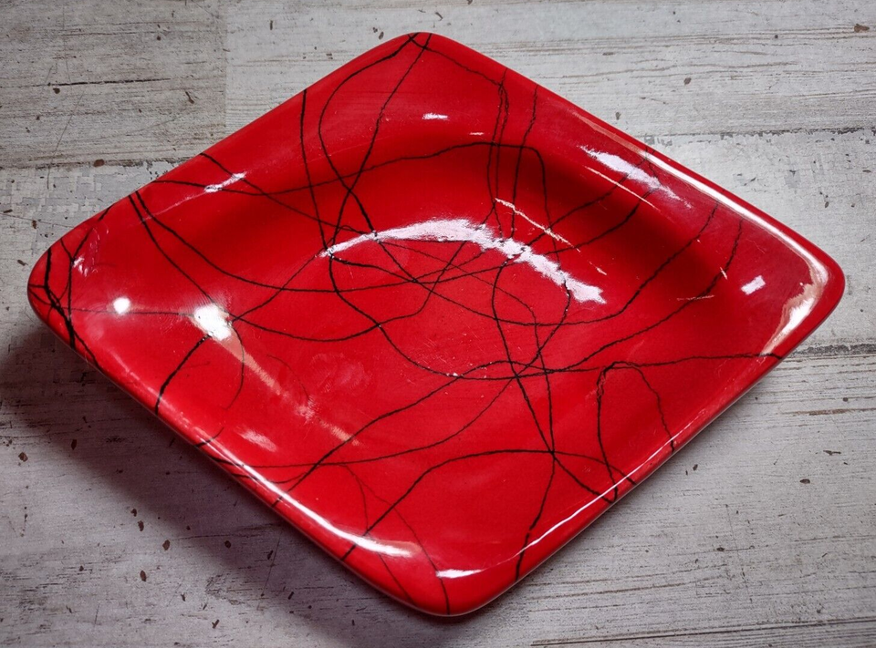 Primary image for Vintage Diamond Ceramic Trinket Sauce Dish Uneven Mod Red w/ Black Squiggles