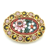 MICRO MOSAIC vintage oval floral inlay brooch - Italian flower red center pin - £19.57 GBP