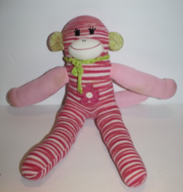 Pink Striped Green Sock Monkey 15&quot; Soft Knit Plush Stuffed Animal Flower FLAWS - $10.70