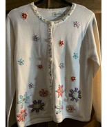 White Stag Cream Cardigan Sweater Snowflake Beaded Crewel Embroidery Medium - $15.00