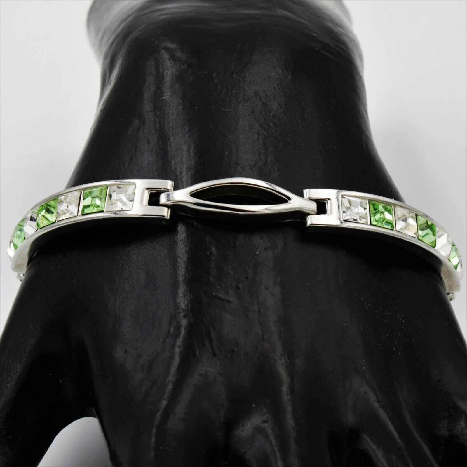 Primary image for Vintage Peridot Green Clear Rhinestone Silver Plated Chain Link Bracelet