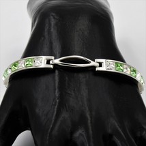 Vintage Peridot Green Clear Rhinestone Silver Plated Chain Link Bracelet - $14.84