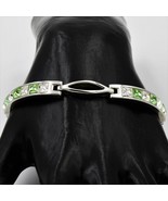 Vintage Peridot Green Clear Rhinestone Silver Plated Chain Link Bracelet - £11.59 GBP