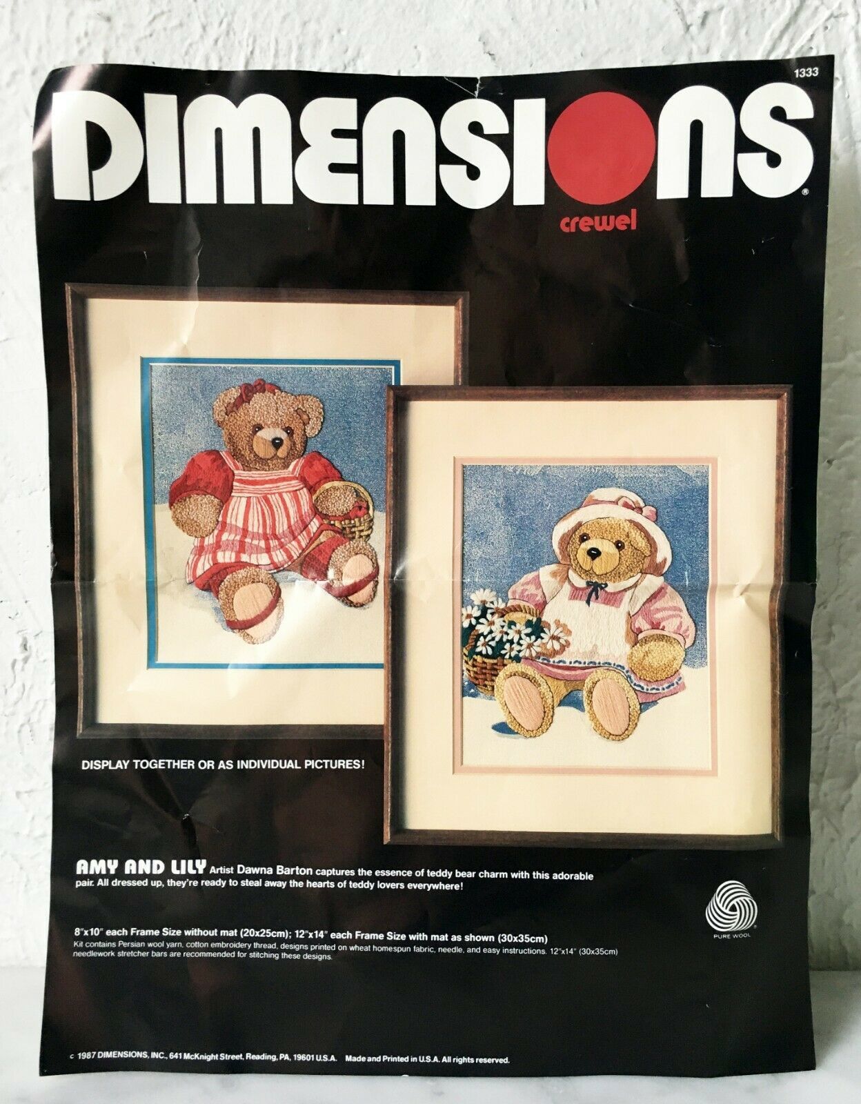 Vintage Dimensions Amy and Lily Crewel Kit #1333 Two Teddy Bears-Open & Complete - $18.95