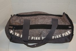 Victoria&#39;s Secret PINK Logo Print Duffle Bag Gray Black Zip Top Double H... - $24.74