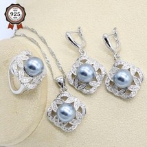 Gray Pearl Silver Color Wedding Jewelry Set for Women Earring Necklace Pendant R - £19.76 GBP