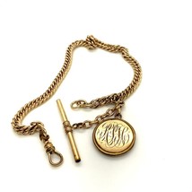 Vtg Gold Filled Signed Victorian Initials Round Shape Fob T-bar Pocket Chain - £135.84 GBP