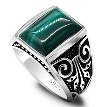 Men's Malachite Ring 925 Sterling Silver Natural Rectangular Green Gemstone Ring - £56.10 GBP