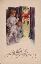 Merry Christmas Children Peek at Santa Claus Postcard Z16 - £7.15 GBP