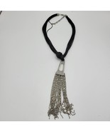 Vintage Corded Necklace 28&quot; Black Silver Large Tassel Chain Pendent Chun... - £27.23 GBP