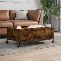 Industrial Rustic Smoked Oak Wooden Coffee Table With Wheels Storage Compartment - £118.69 GBP