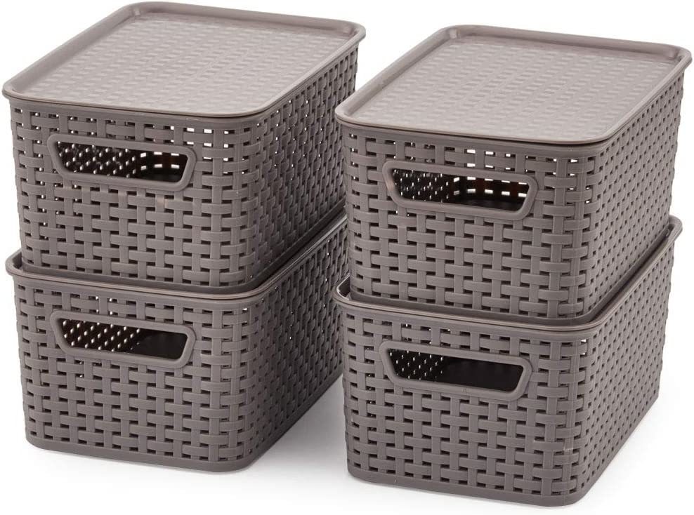 Small Plastic Stackable Weaving Wicker Baskets Boxes And Containers With Lids - £28.71 GBP