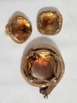 Large Vintage Cut Glass Gold Tone Amber Rhinestone Brooch/Clip Earrings - $47.51