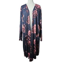 Lularoe Women&#39;s Open Front Long Cardigan Gray Pink Roses Size 3XL Long S... - £17.50 GBP