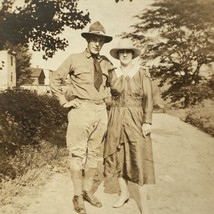 c1930 US Army Military Man in Uniform Woman Outside Sepia Photograph 4.5&quot;x3.5&quot; - £15.59 GBP