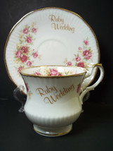 Cup Saucer Set Ruby Wedding Queens Fine Bone China England Rosina Roses - £11.39 GBP