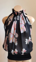 REDEMPTION Black Silk Halter Top with Pink Floral Pattern - Size 40 - £67.94 GBP