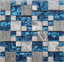 Glass Mix Stone Mosaic Polished Gray Teal Blue Kitchen Backsplash Wall Tile - $14.95+