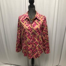 Jones New York Cotton Shirt Womens Size XL Pink Tan Button Up Blouse Office - $19.59