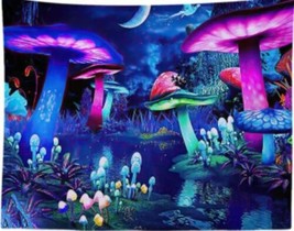 78.7X59&quot;Blacklight Tapestry Mushroom Forest Bohemian Moon Starry Sky WallHanging - £14.20 GBP