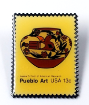 VTG American Folk Art Pueblo Pottery Acoma Pot USPS USA 13 Cent Stamp Enamel Pin - $9.48