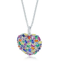Sterling Silver Rainbow Baguette CZ Minimalistic Puffed Heart Pendant Necklace - £94.91 GBP
