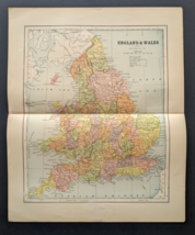 Antique Original 1890 ENGLAND WALES Hunt &amp; Eaton Colored Map 13x11 ~ Fisk &amp; Co. - £30.63 GBP