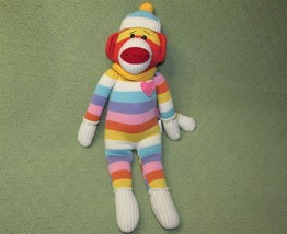 Kathleens Designs Sock Monkey Rainbow Stripe Plush 19" Stuffed Animal Pink Heart - $8.18