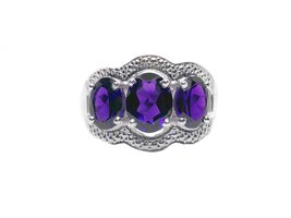 Natural Amethyst Wedding Band 3 Stone Amethyst Engagement Ring 925 Silve... - £39.56 GBP