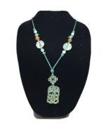 Vintage Hand Carved Green Stone Pendant Cord Necklace 25&quot; - £48.98 GBP