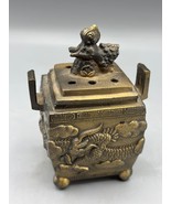 Vtg Japanese Brass Incense Burner Foo Dog Lid Dragon Motif Square Cube - $43.45