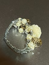 Handmade Gray Tiny Beads w Cream Plastic Flower &amp; Faux Pearl Bead Stretch Ring - £10.26 GBP