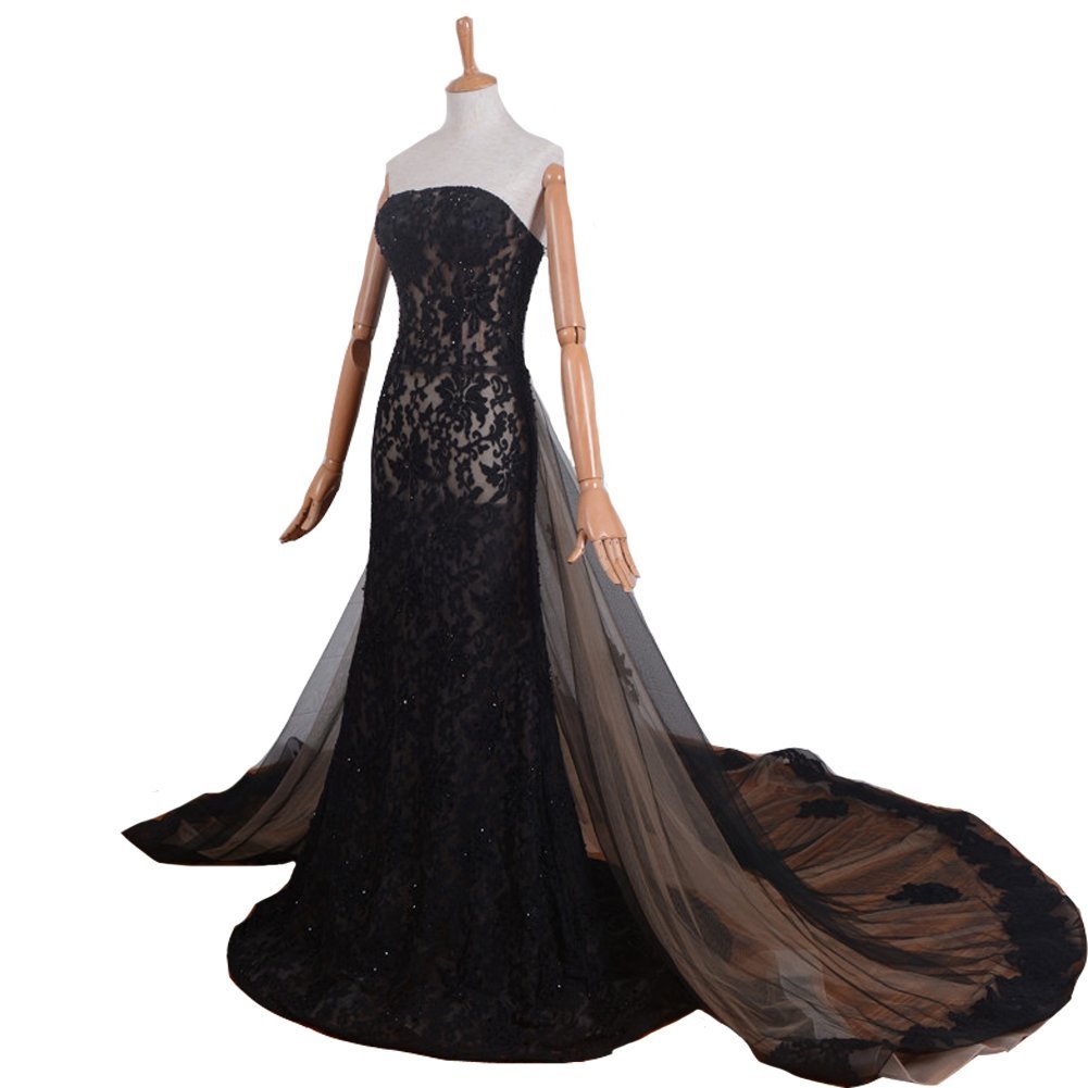 Kivary Strapless Black Lace Sheer Formal Long Champagne Tulle Sheath Women Eveni