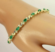 Estate Emerald &amp; Diamond Wave Oval 14k Gold FN Silver 7.25&quot; Tennis Bracelet - £159.23 GBP