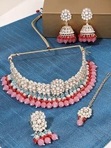 Turquoise Blue Pink Kundan Choker Necklace Earring Maangtikka Ring Set For Women - £38.83 GBP