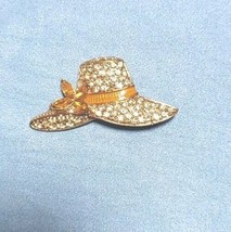 Monet Orange and Clear/White Rhinestone Gold Tone Hat Brooch Pin VTG - £11.81 GBP