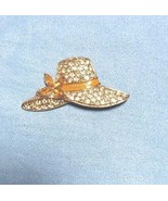 Monet Orange and Clear/White Rhinestone Gold Tone Hat Brooch Pin VTG - £11.75 GBP